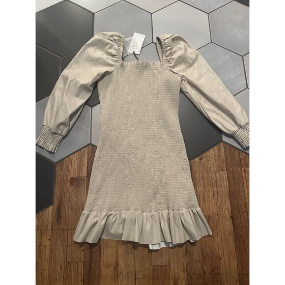 NWT 7 For All Mankind Faux Leather Smocked Ruffle Trim Puff Sleeve Dress Sz S - Picture 5 of 6